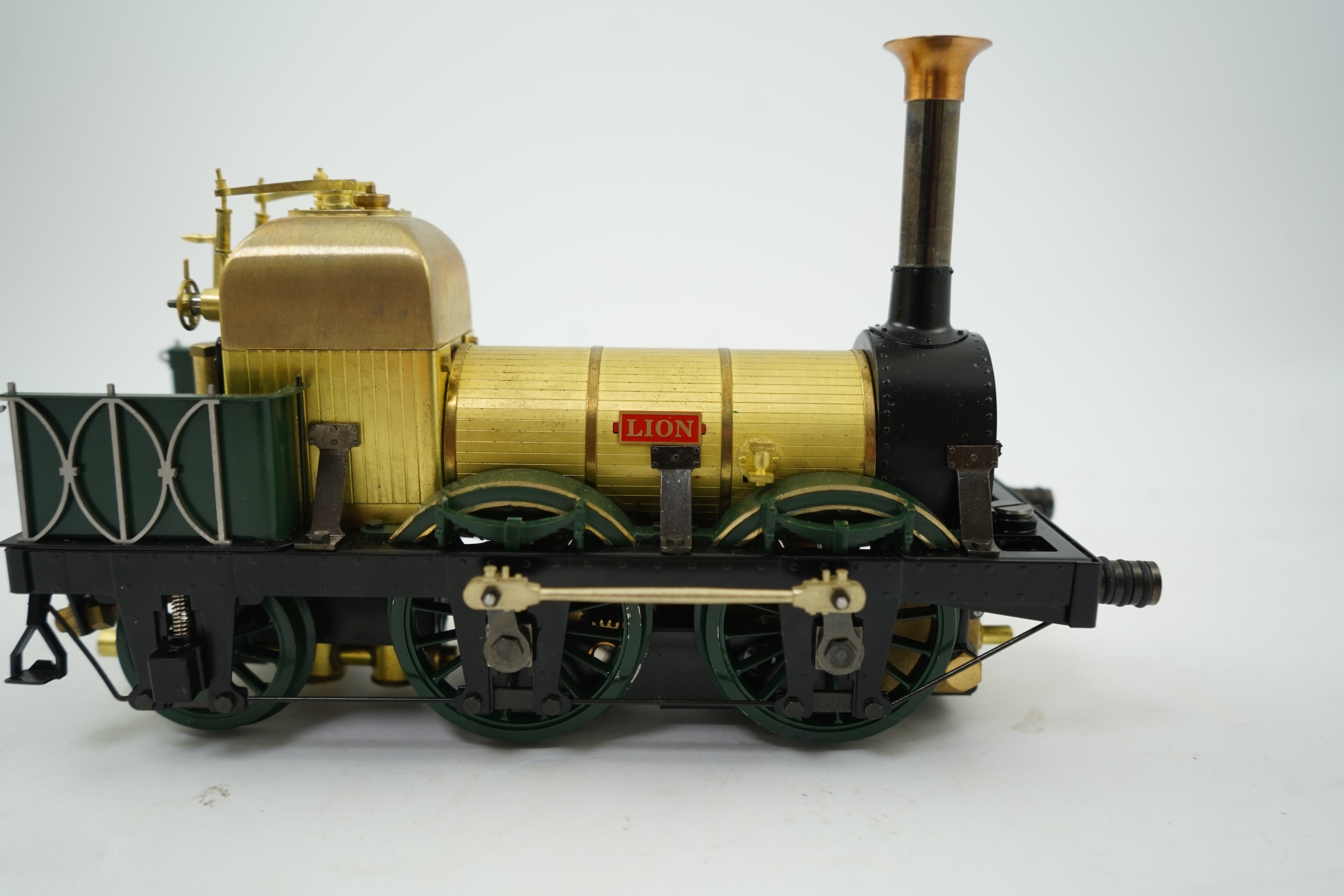 A Gauge One Aster Hobbies live steam L&M Lion, 0-4-2 locomotive, missing tender, with spirit fired slip eccentric single cylinder motion.